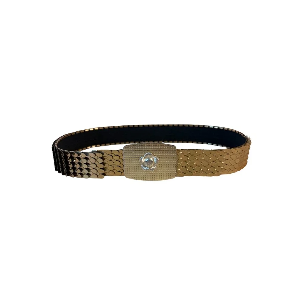 Y2K Gold Tone Fish Scale Mesh Waist Belt Statement Buckle One Size